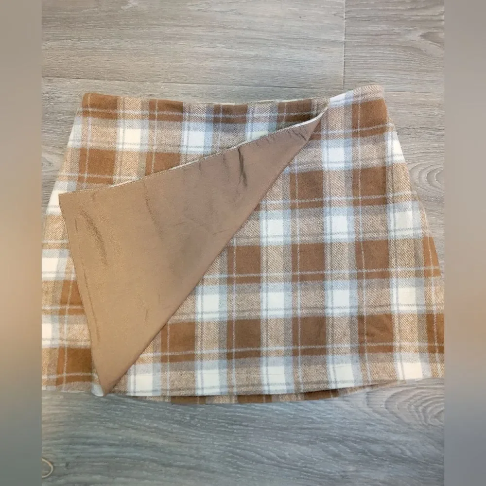Lulus Mad for Plaid Brown and Blue Plaid Faux Wrap Mini Skirt Xlarge - Picture 3 of 6